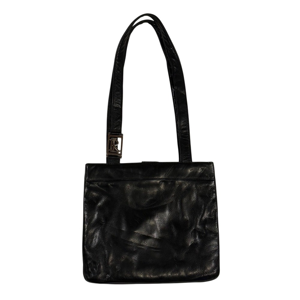 Ralph Lauren Shoulder Bag RL Logo Buckle Black Leather Square Women's Vintage